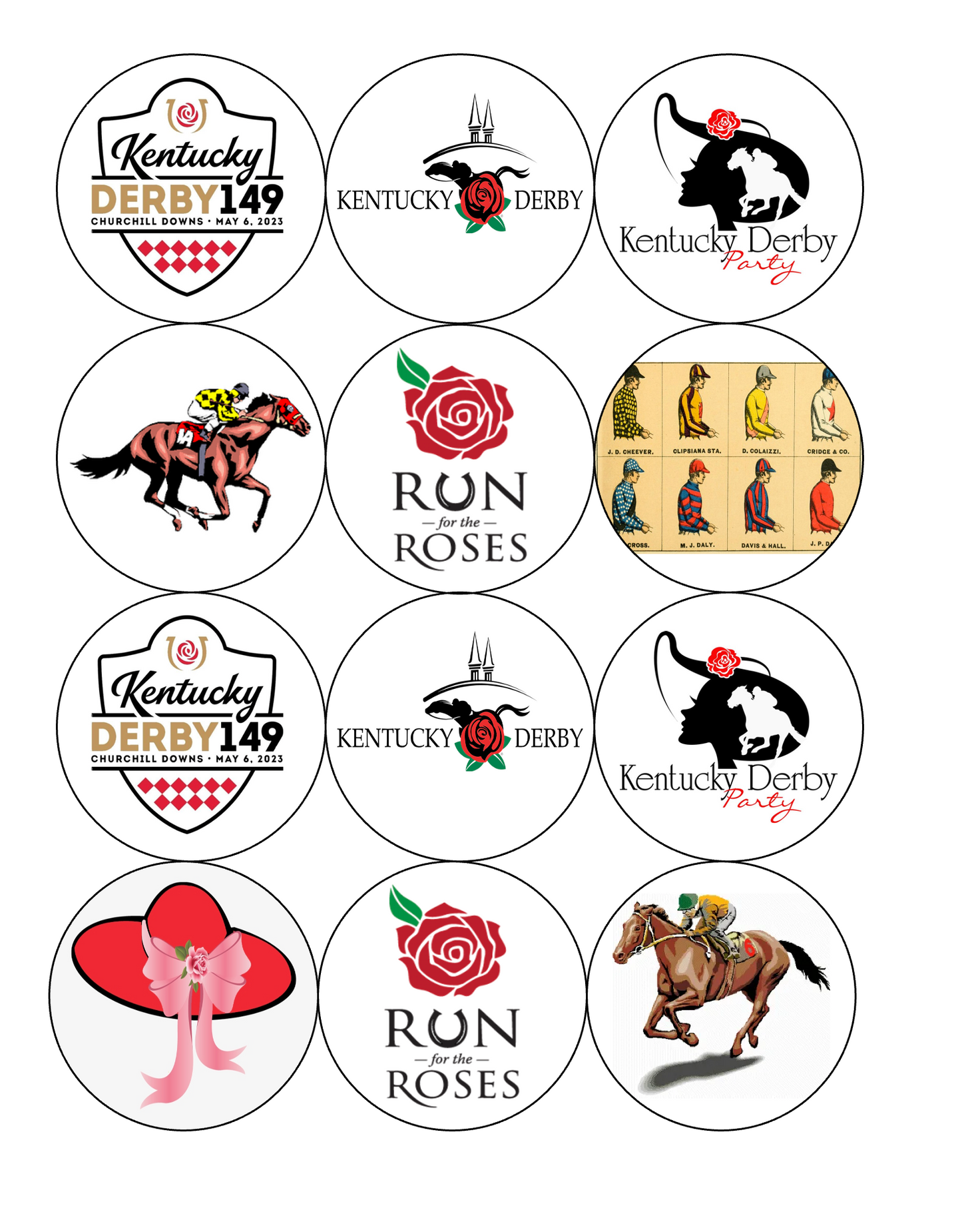 Set of 12 edible images for desserts, drink toppers, pre cut, many sizes available- Kentucky Derby, Horse Races