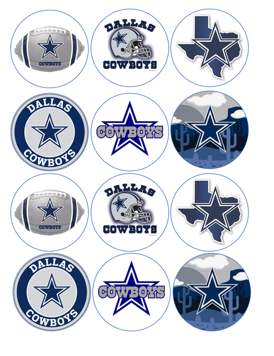 Set of 12 edible images for desserts, drink toppers, pre cut, many sizes available- Dallas Cowboys