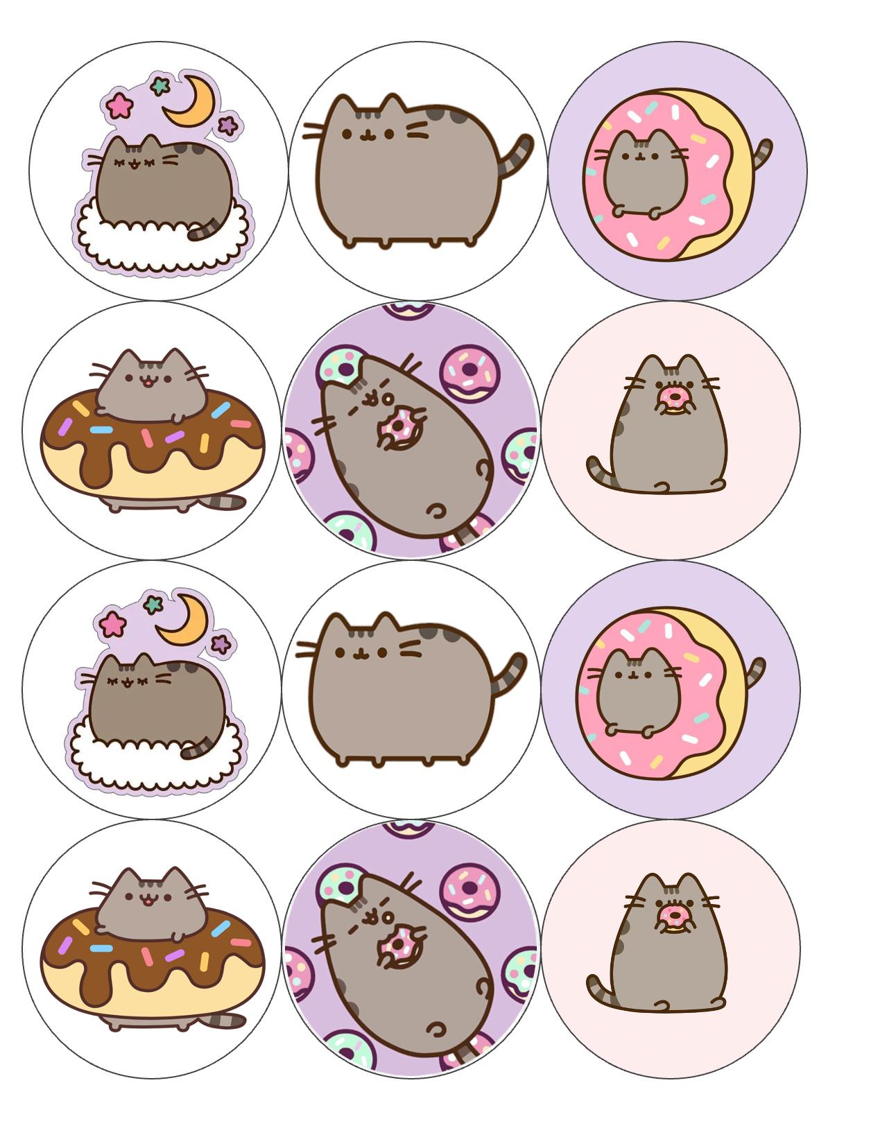 Set of 12 edible images for desserts, drink toppers, pre cut, many sizes available- Pusheen