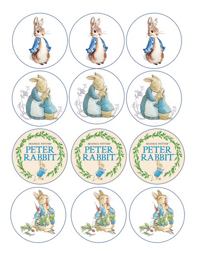 Set of 12 edible images for desserts, drink toppers, pre cut, many sizes available- Peter Rabbit