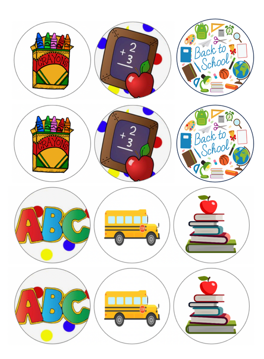 Set of 12 edible images for desserts, drink toppers, pre cut, many sizes available- Back to School