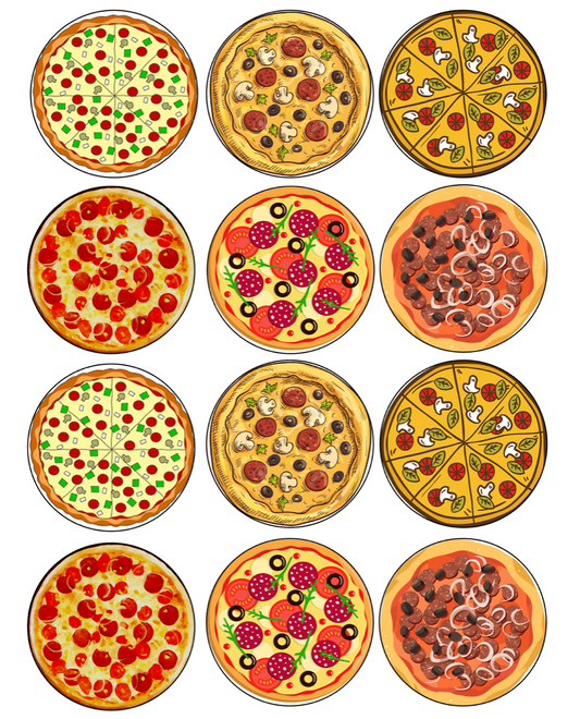 Set of 120 BULK PRICE pre cut edible images for desserts, drink toppers, choose your size- Pizza Party