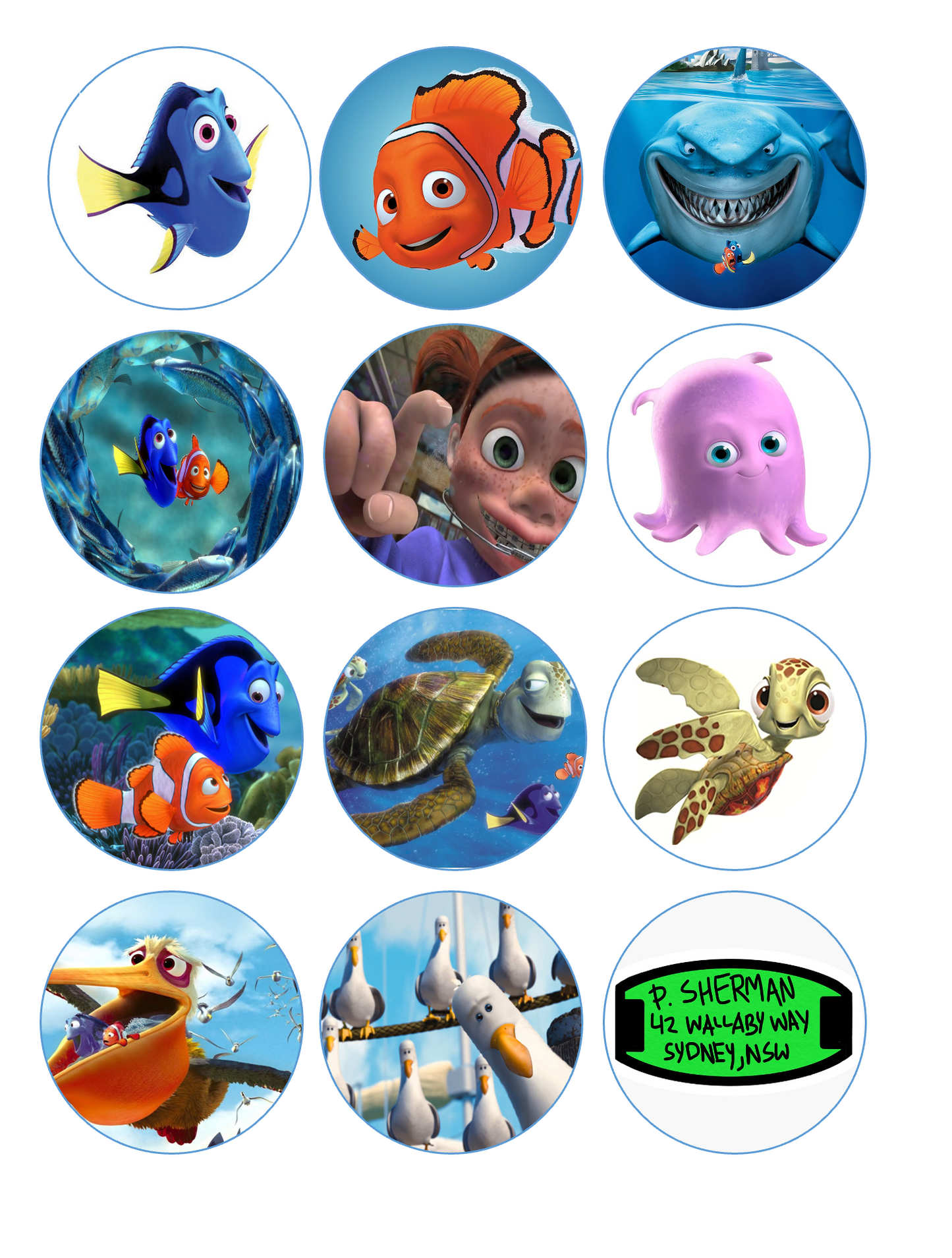 Set of 12 "Finding Nemo" pre cut edible image discs for desserts, drink toppers, choose your size