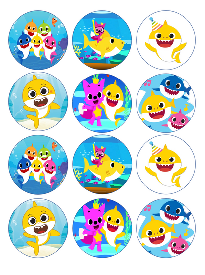 Set of 12 "Baby Shark" pre cut edible image discs for desserts, drink toppers, choose your size