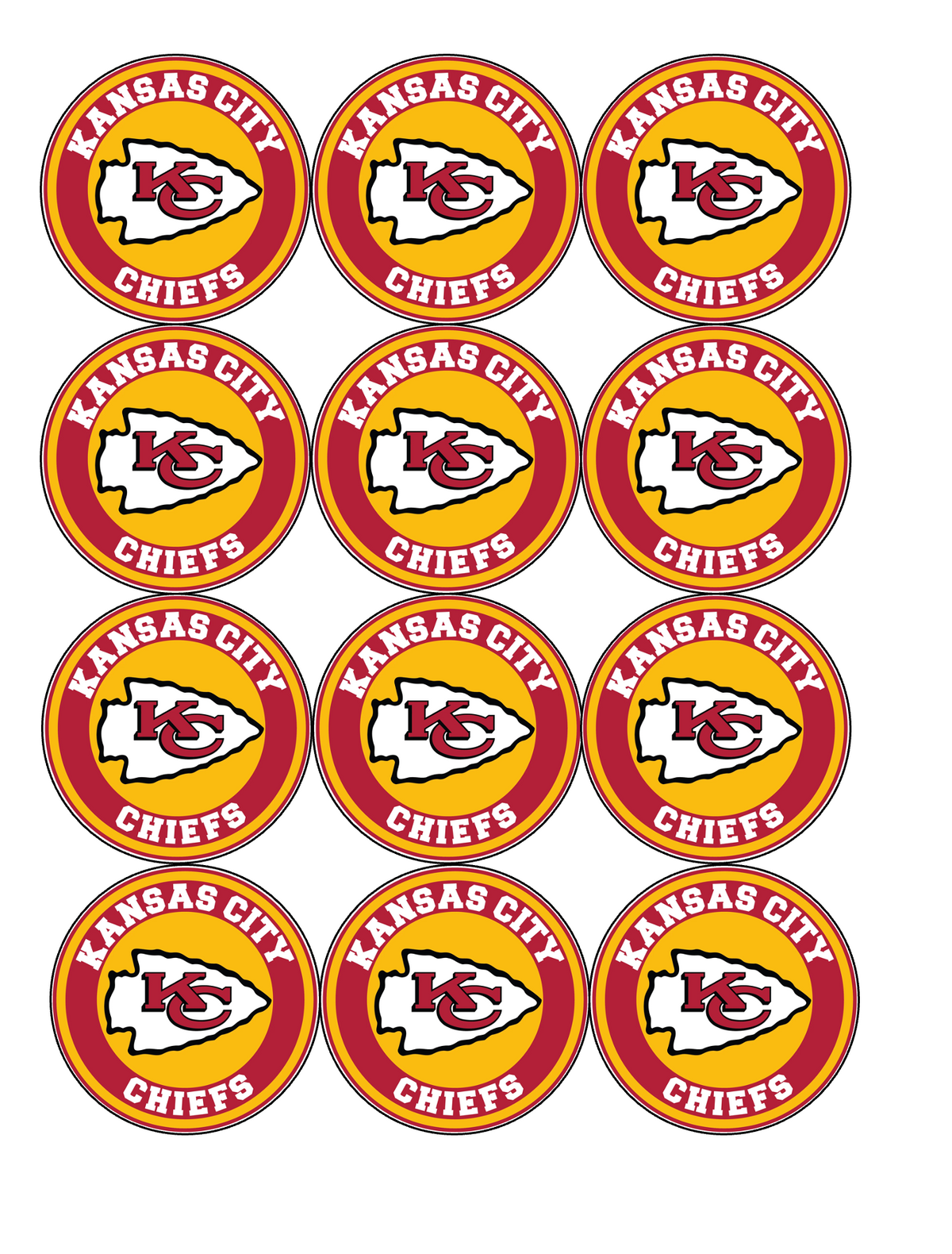 Set of 12 "Kansas City Chiefs" pre cut edible image discs for desserts, drink toppers, choose your size