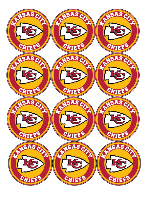 Set of 12 "Kansas City Chiefs" pre cut edible image discs for desserts, drink toppers, choose your size