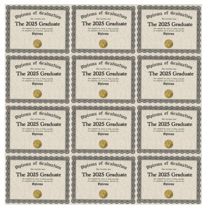 Set of 12 Tiny Edible Diplomas 1.34"x1.75",  "The 2025 Graduate", pre cut