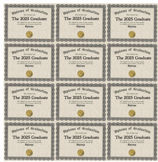 Set of 12 Tiny Edible Diplomas 1.34"x1.75",  "The 2025 Graduate", pre cut