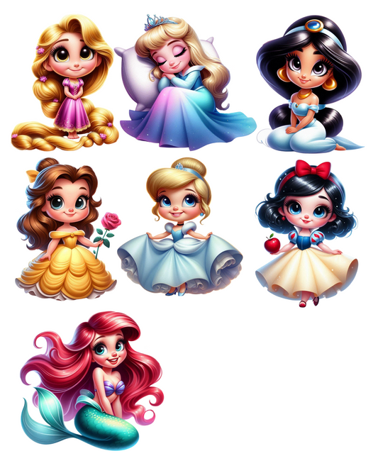 set of 7- 3 inch disney princesses, classic wafer paper, not pre cut