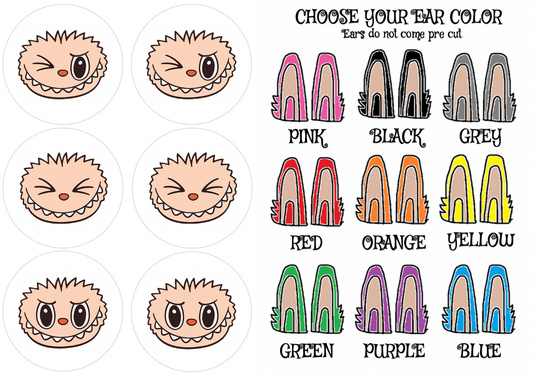 6 Labubu Faces + Ears for Cupcakes! Choose your ear color and face size