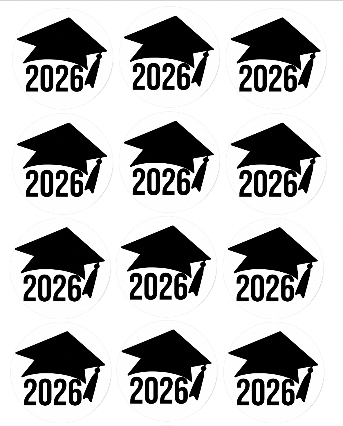 Set of 12 "2026 Graduation, Seniors" pre cut edible image discs for desserts, drink toppers, choose your size
