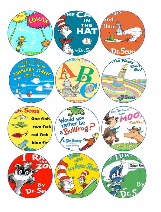 Set of 12 "Dr. Seuss Books" pre cut edible image discs for desserts, drink toppers, choose your size
