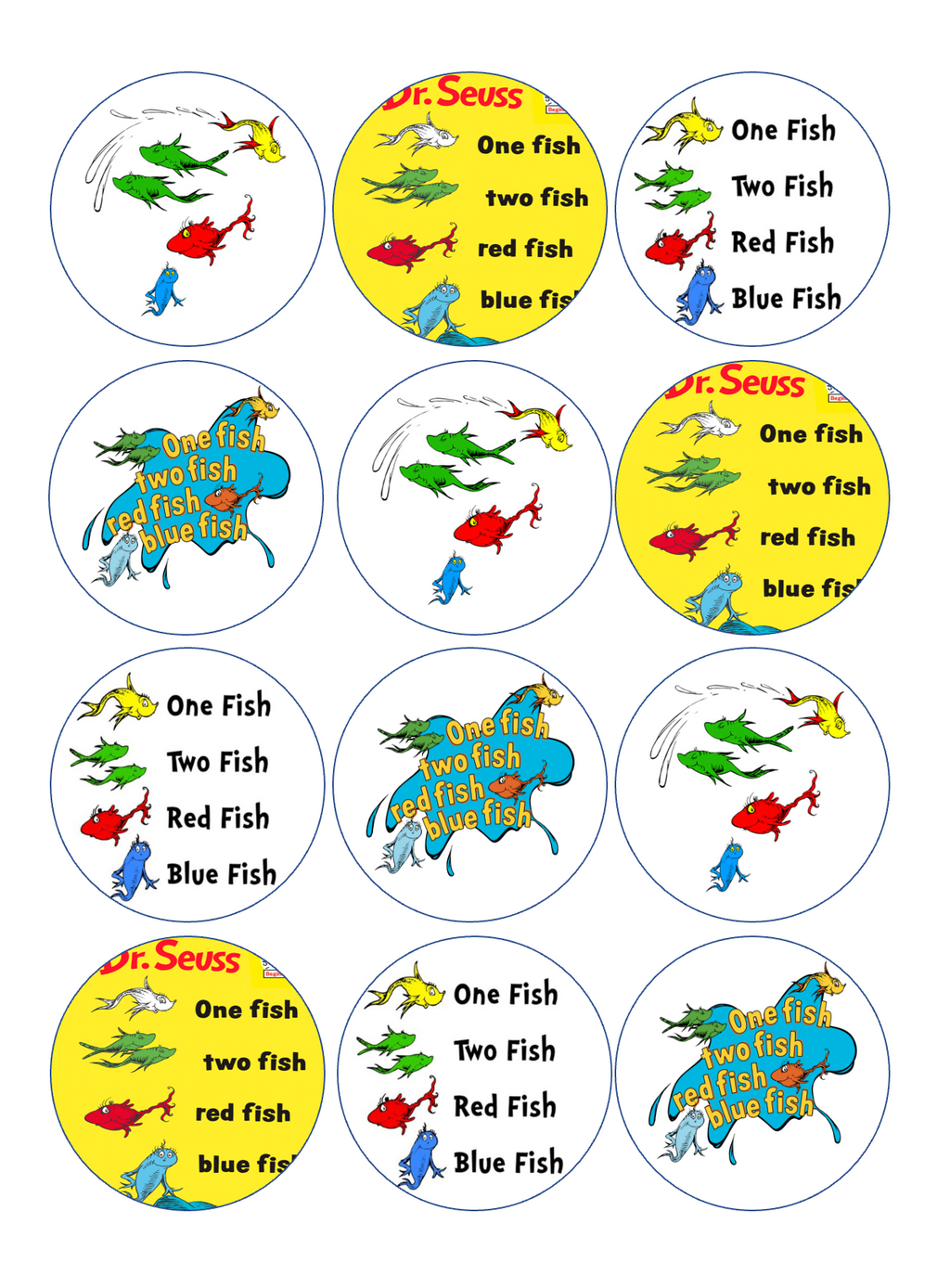 Set of 12 "Dr. Seuss One Fish Two Fish" pre cut edible image discs for desserts, drink toppers, choose your size