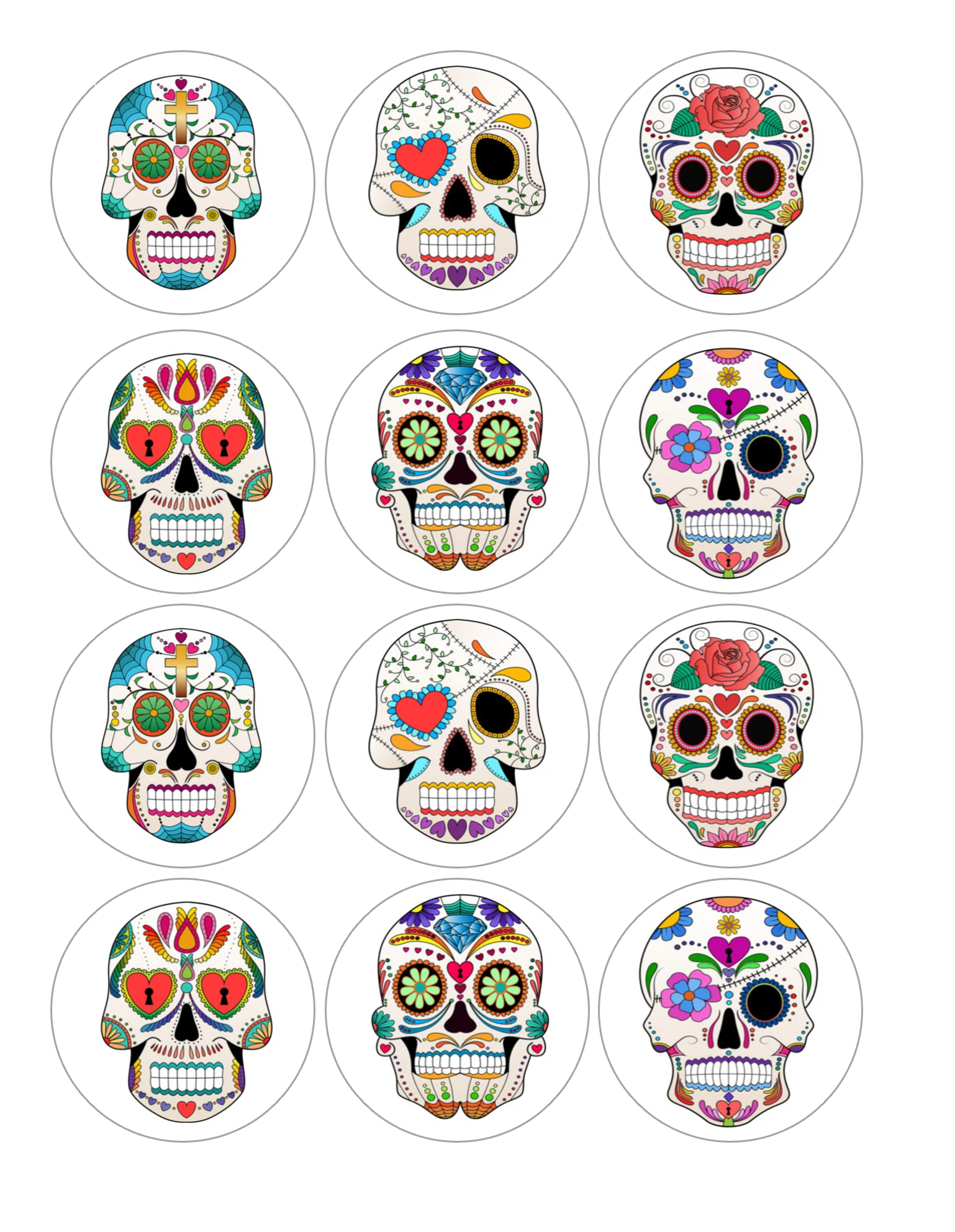 Set of 12 "Sugar Skulls Dia Los Muertos" pre cut edible image discs for desserts, drink toppers, choose your size (Copy) (Copy)