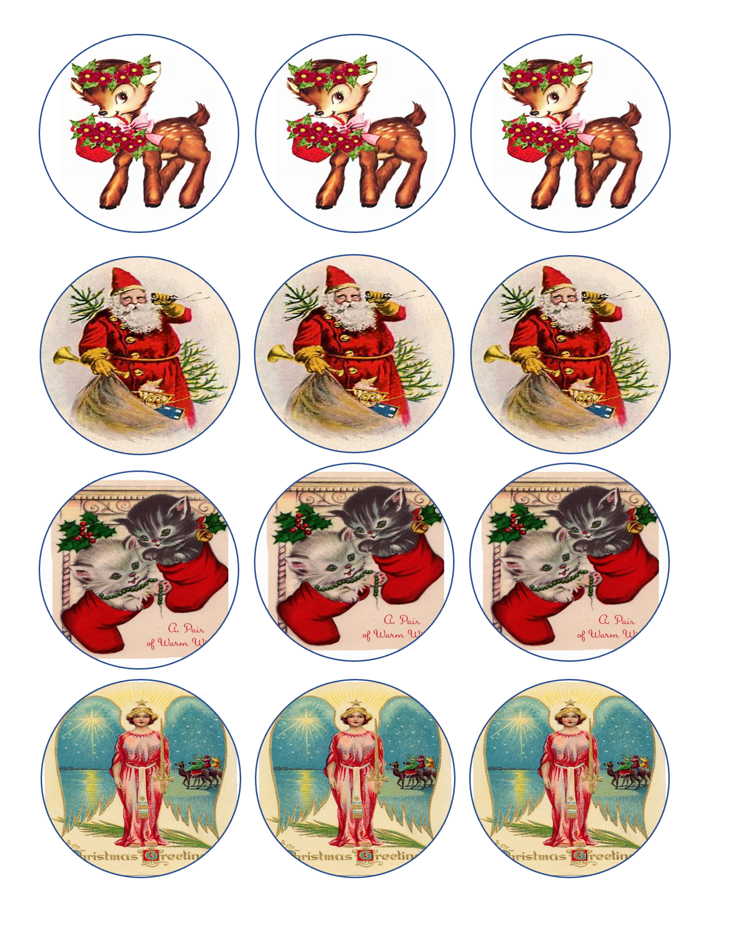 Set of 12 "Vintage Classic Christmas" pre cut edible image discs for desserts, drink toppers, choose your size