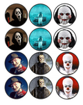 Set of 12 "Horror Scary Movie" pre cut edible image discs for desserts, drink toppers, choose your size