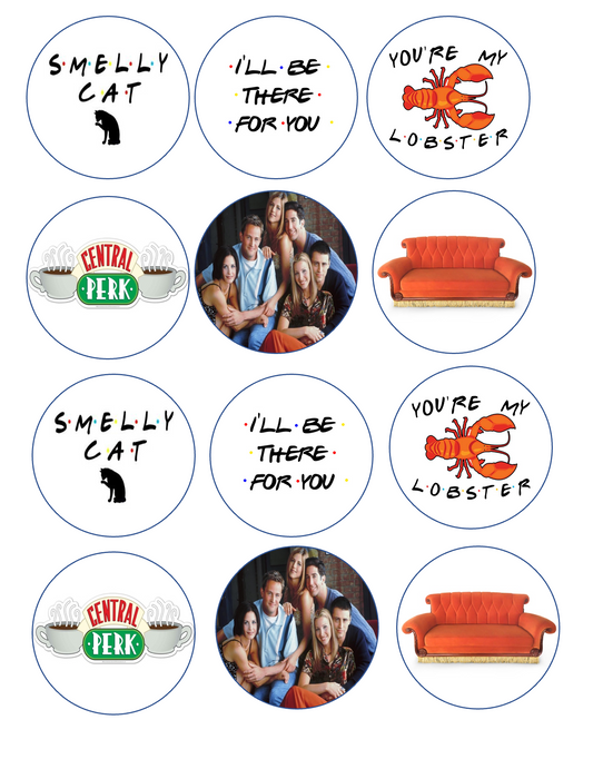 Set of 12 "Friends TV show" pre cut edible image discs for desserts, drink toppers, choose your size