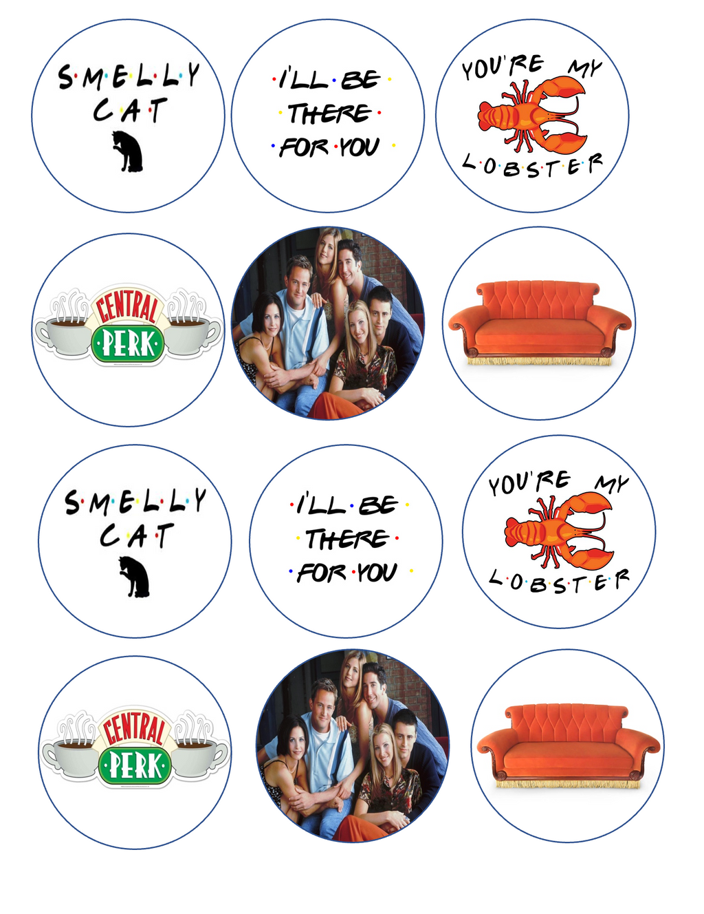 Set of 12 "Friends TV show" pre cut edible image discs for desserts, drink toppers, choose your size