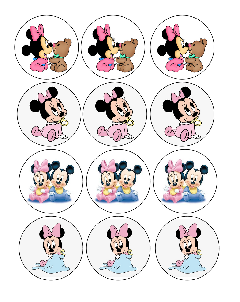 Set of 12 "Baby Minnie and Mickey" pre cut edible image discs for desserts, drink toppers, choose your size