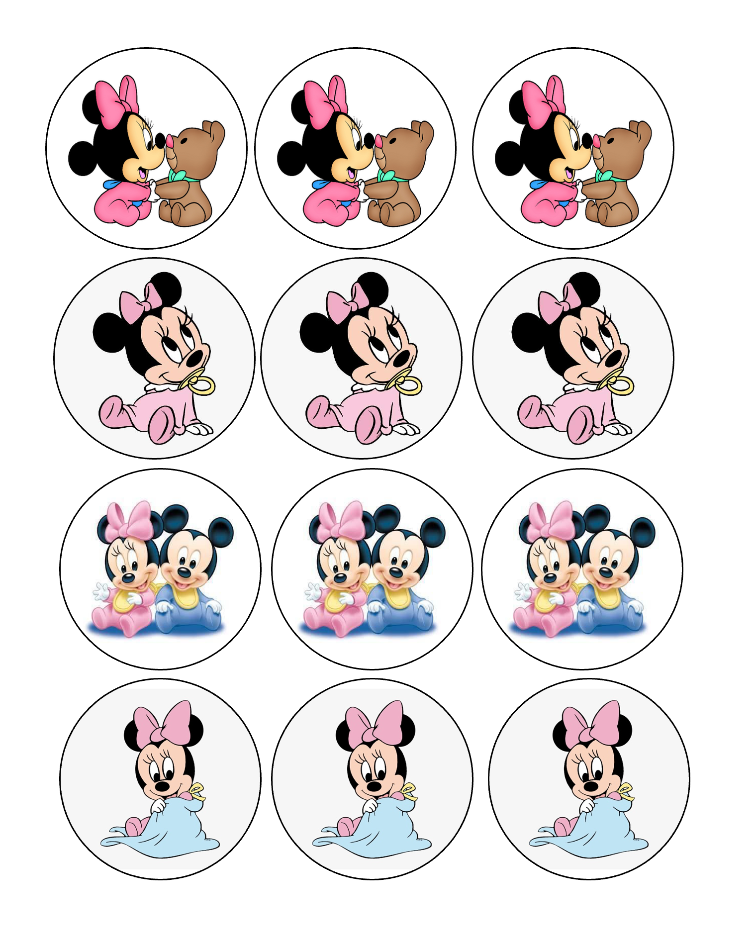 Set of 12 "Baby Minnie and Mickey" pre cut edible image discs for desserts, drink toppers, choose your size
