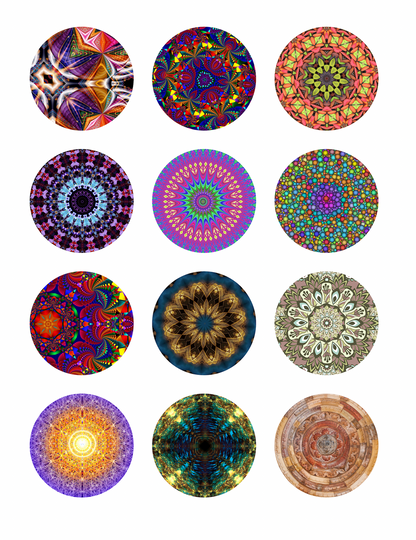 Set of 12 "Mandala" pre cut edible image discs for desserts, drink toppers, choose your size