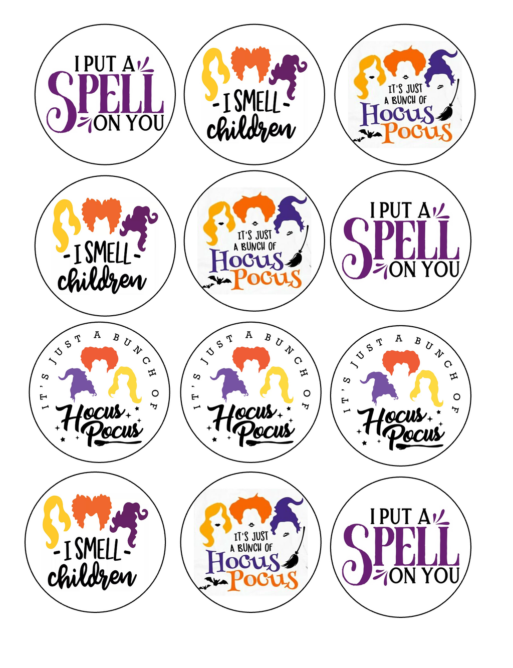 Set of 12 "Hocus Pocus Halloween" pre cut edible image discs for desserts, drink toppers, choose your size