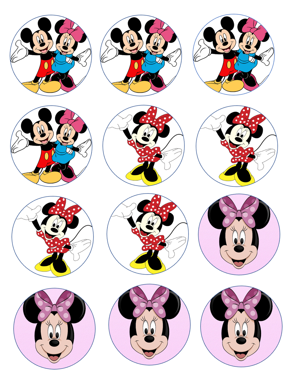 Set of 12 "Minnie and Mickey Mouse" pre cut edible image discs for desserts, drink toppers, choose your size