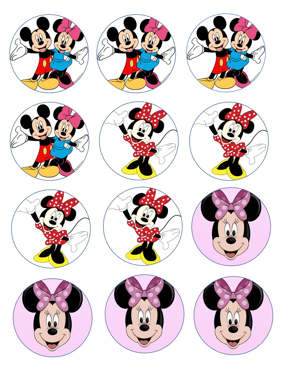 Set of 12 "Minnie and Mickey Mouse" pre cut edible image discs for desserts, drink toppers, choose your size