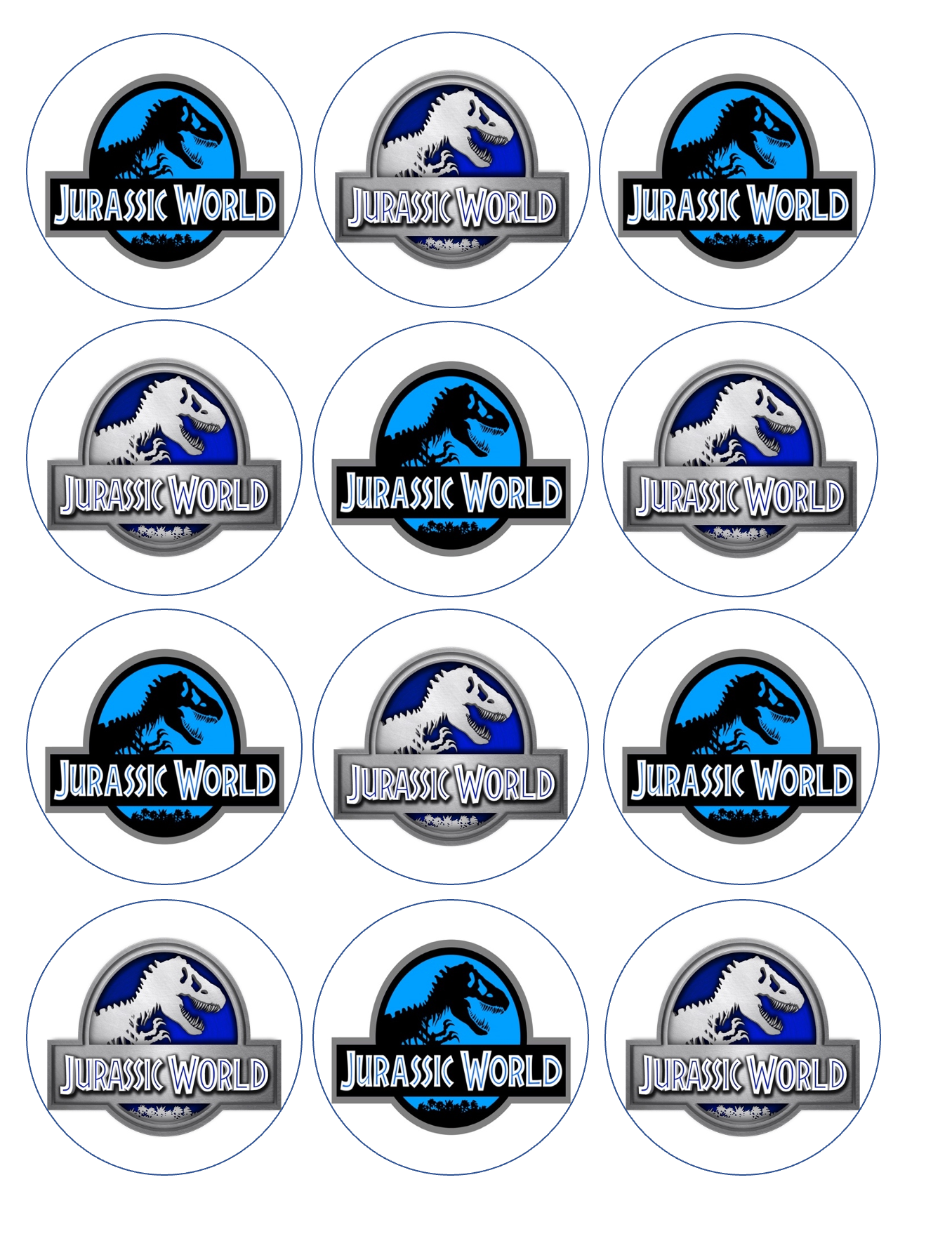Set of 12 "jurassic world" pre cut edible image discs for desserts, drink toppers, choose your size