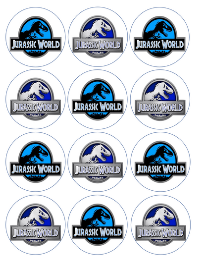 Set of 12 "jurassic world" pre cut edible image discs for desserts, drink toppers, choose your size