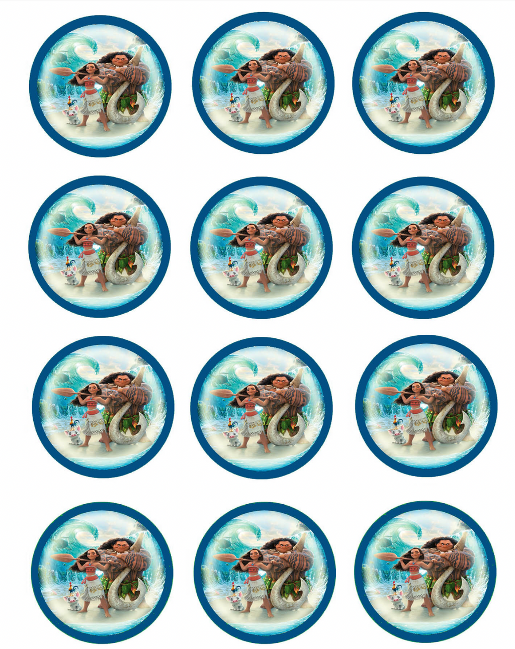 Set of 12 "Moana" pre cut edible image discs for desserts, drink toppers, choose your size