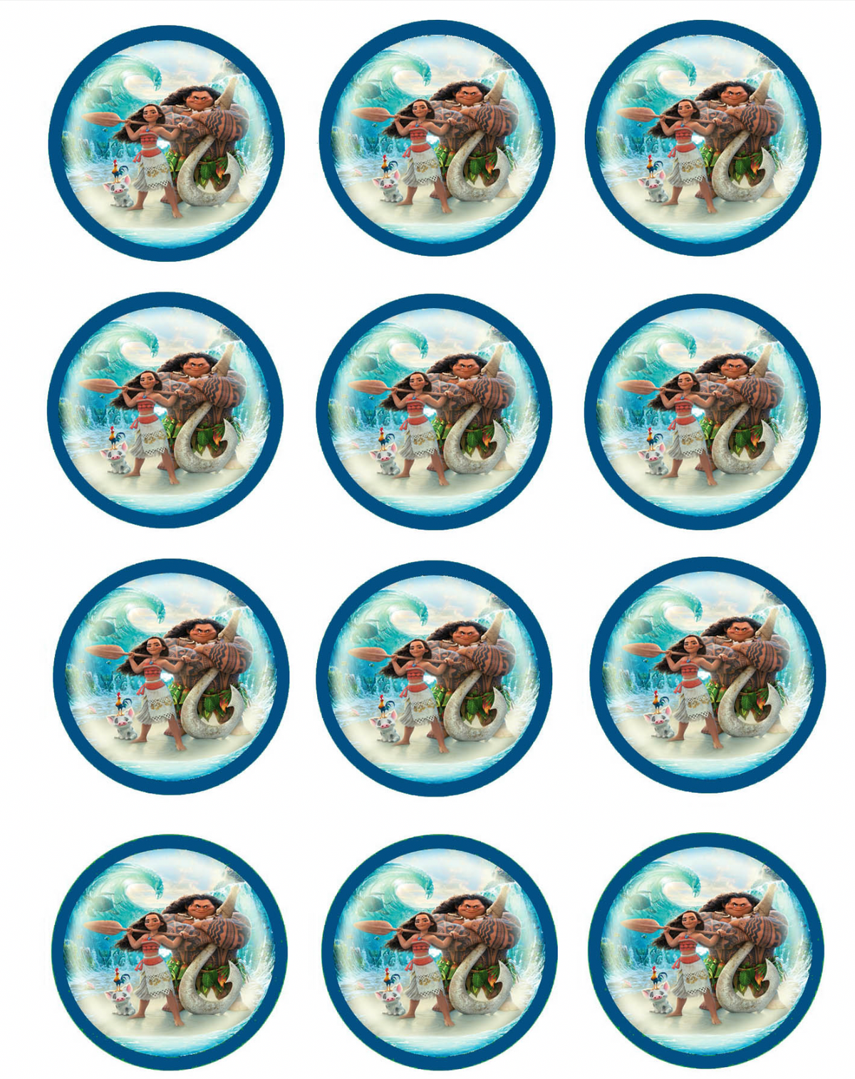 Set of 12 "Moana" pre cut edible image discs for desserts, drink toppers, choose your size