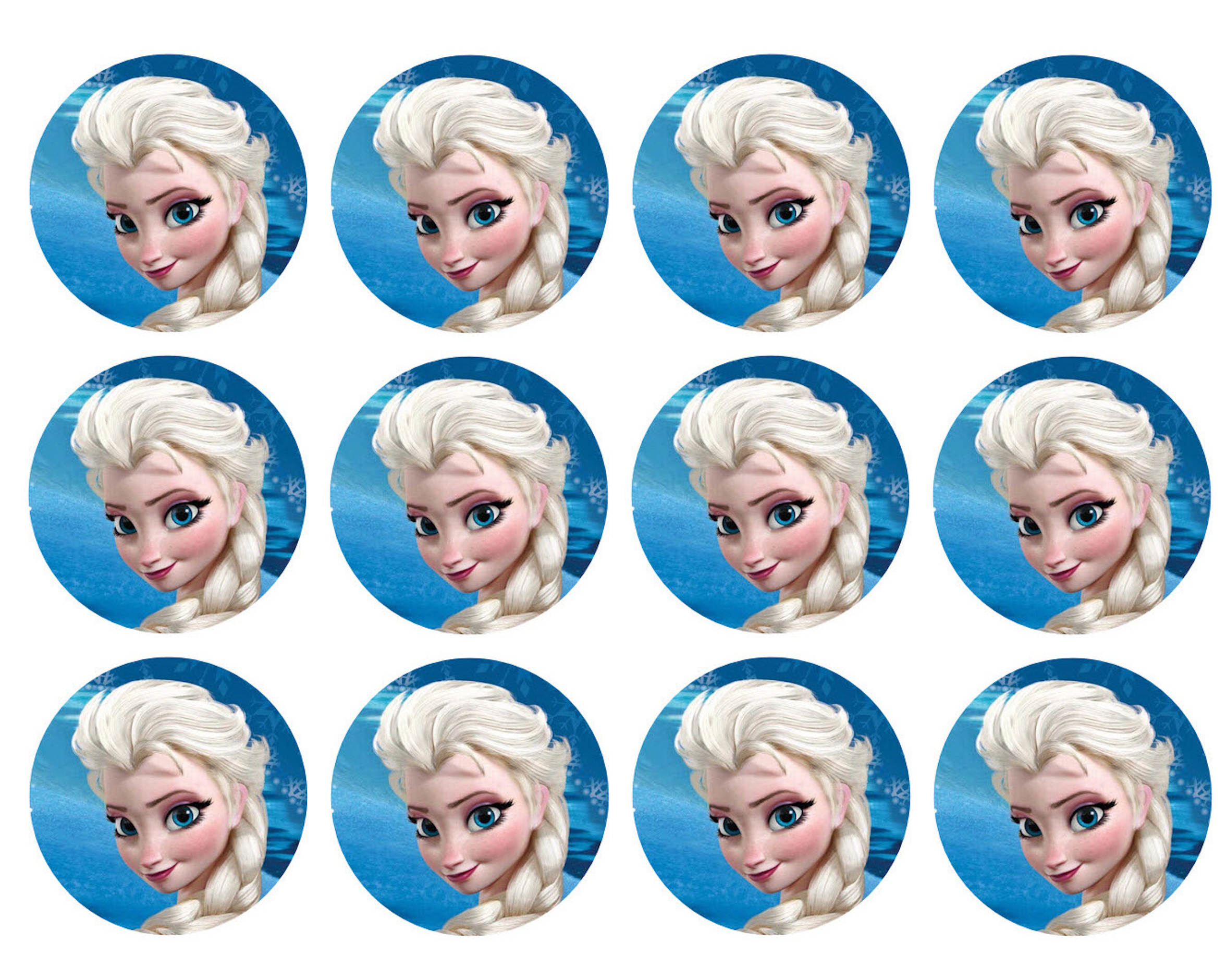 Set of 12 "Elsa Frozen" pre cut edible image discs for desserts, drink toppers, choose your size