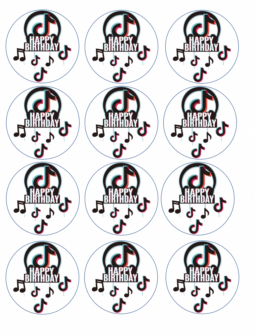 Set of 12 "Tik Tok Happy Birthday" pre cut edible image discs for desserts, drink toppers, choose your size