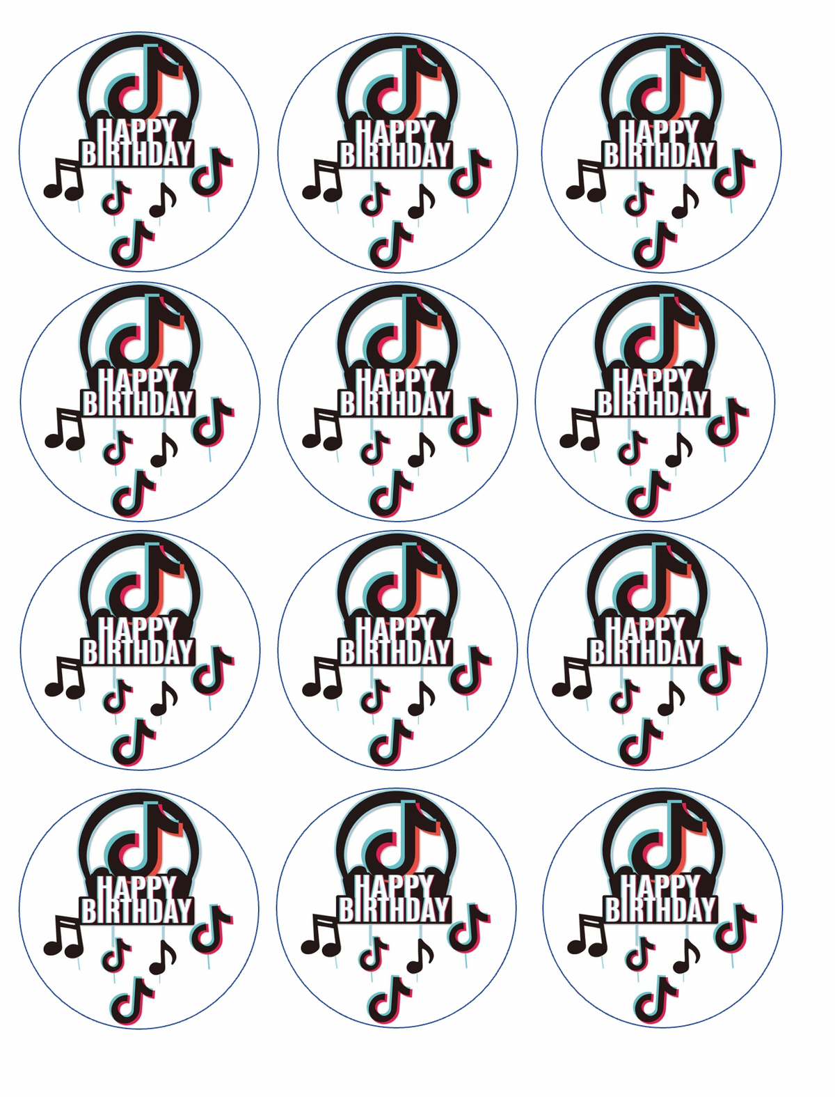Set of 12 "Tik Tok Happy Birthday" pre cut edible image discs for desserts, drink toppers, choose your size