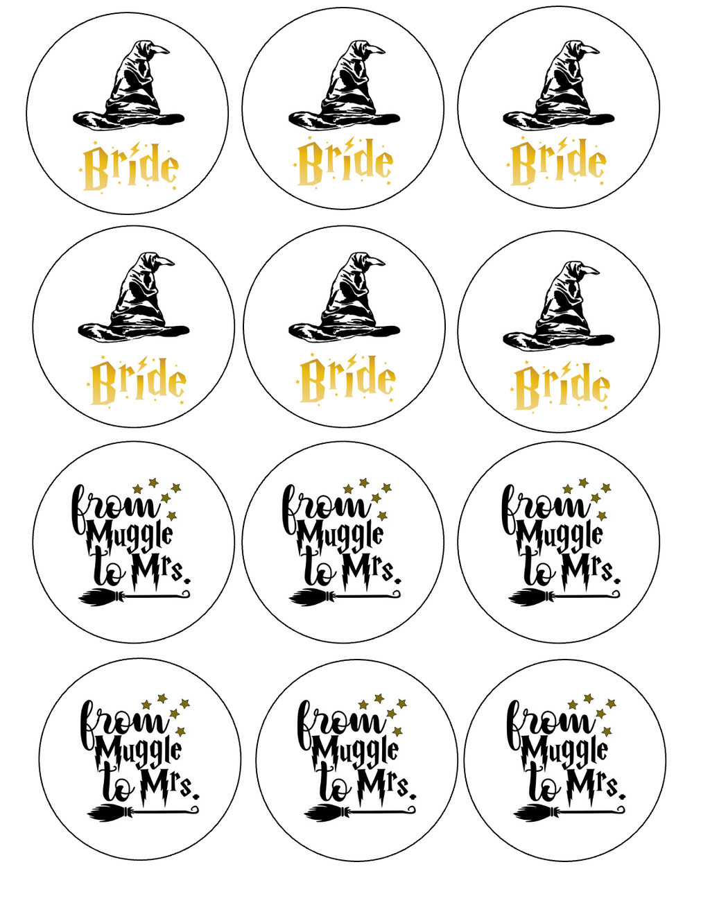 Set of 12 "Harry Potter Engagement Bachelorette" pre cut edible image discs for desserts, drink toppers, choose your size
