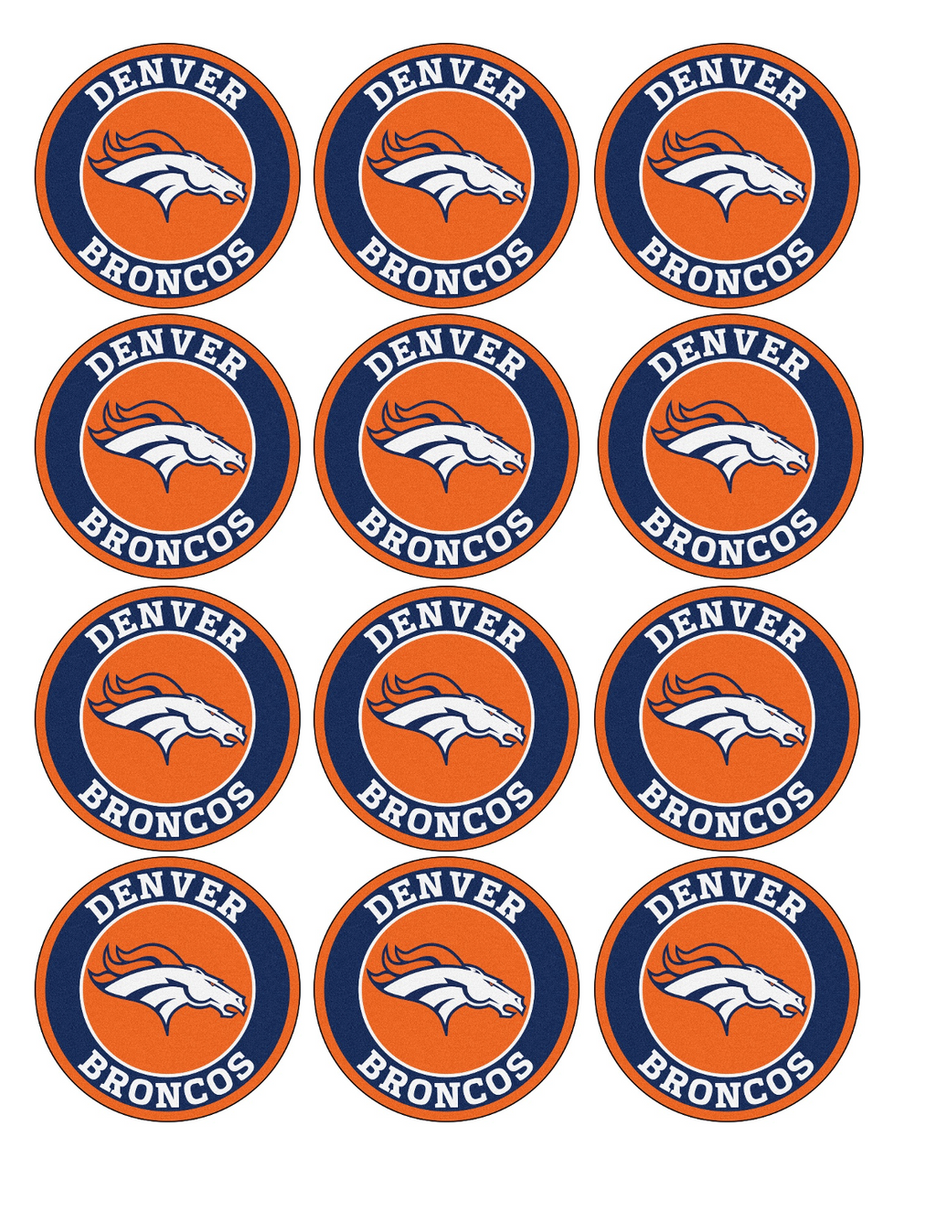 Set of 12 "Denver Broncos" pre cut edible image discs for desserts, drink toppers, choose your size