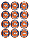 Set of 12 "Denver Broncos" pre cut edible image discs for desserts, drink toppers, choose your size
