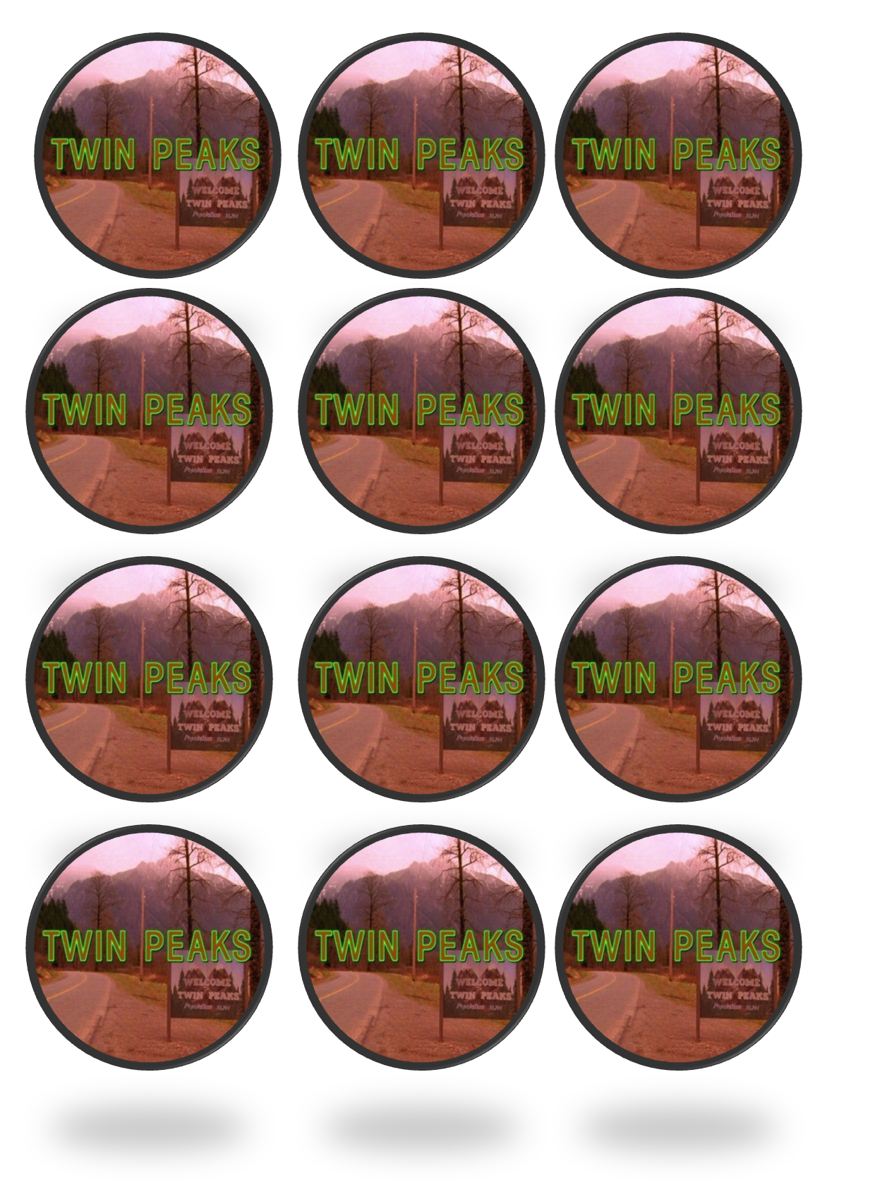 Set of 12 "Twin Peaks show" pre cut edible image discs for desserts, drink toppers, choose your size
