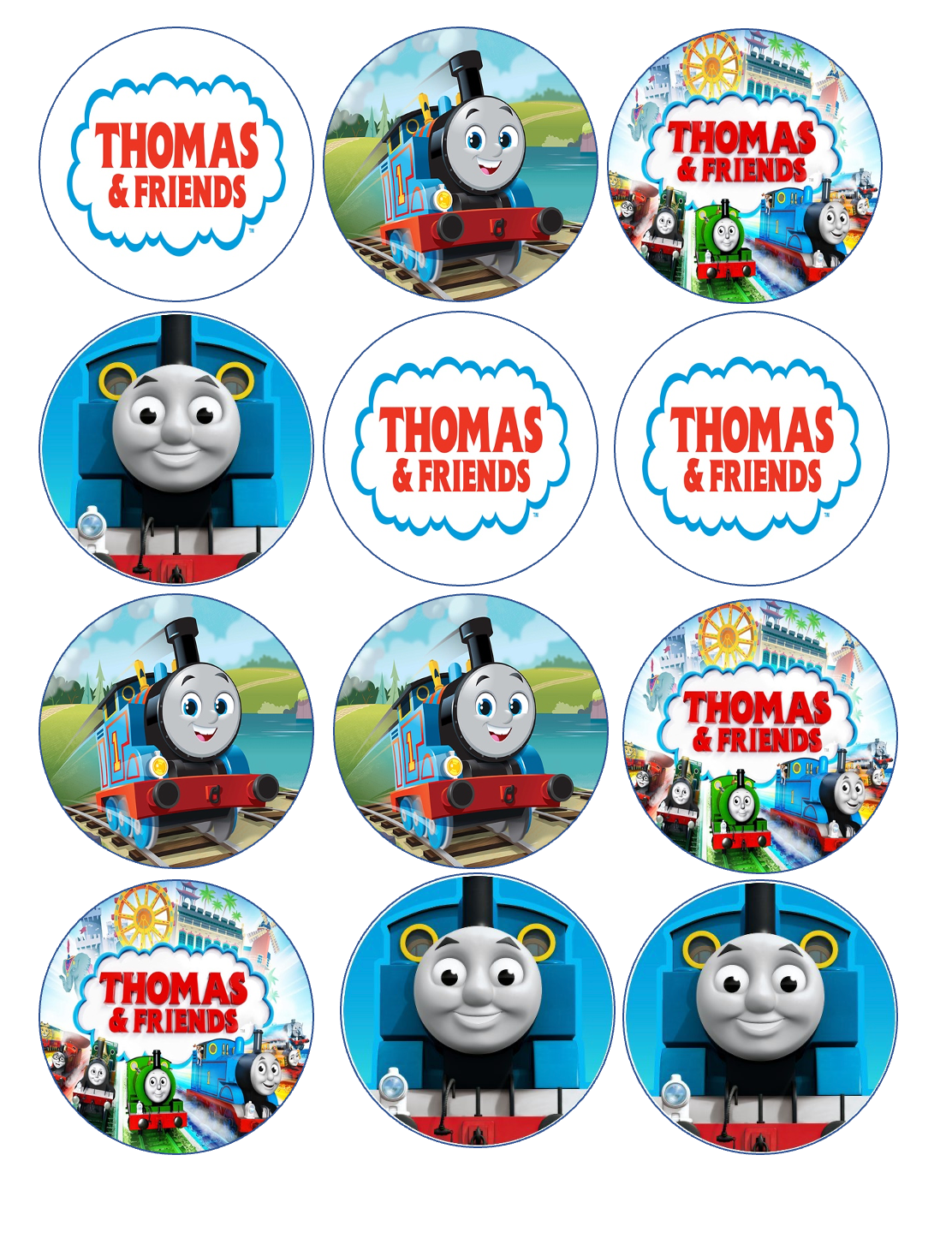 Set of 12 "Thomas and Friends, Train" pre cut edible image discs for desserts, drink toppers, choose your size