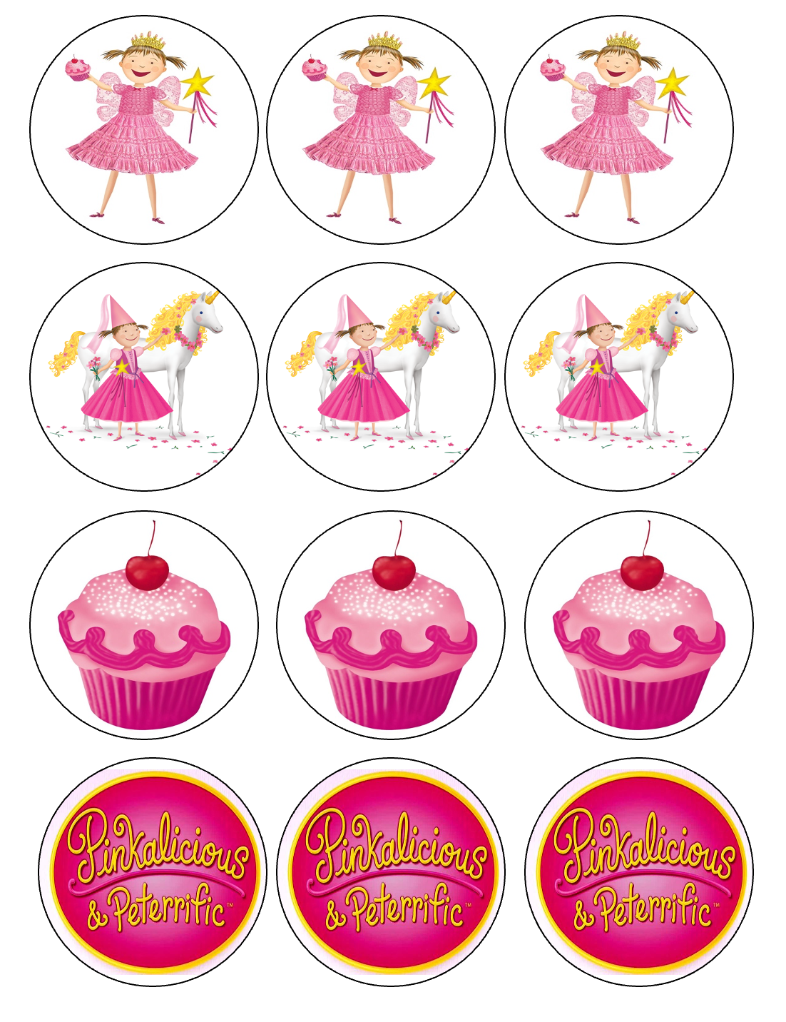 Set of 12 "Pinkalicious" pre cut edible image discs for desserts, drink toppers, choose your size
