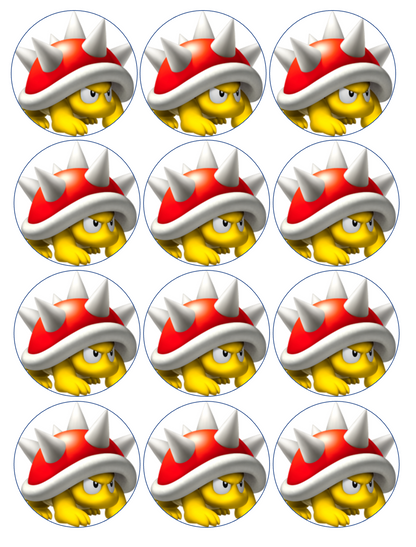 Set of 12 "Mario, Spiny" pre cut edible image discs for desserts, drink toppers, choose your size