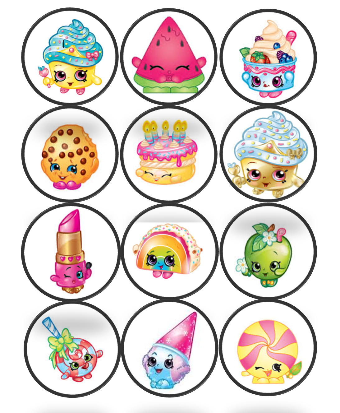 Set of 12 "Shopkins" pre cut edible image discs for desserts, drink toppers, choose your size