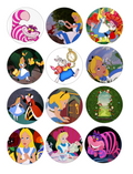 Set of 12 "Alice in Wonderland" pre cut edible image discs for desserts, drink toppers, choose your size