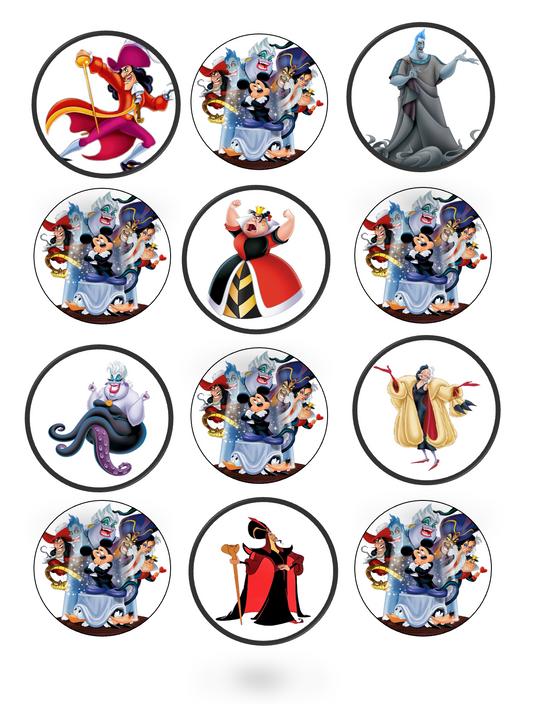 Set of 12 "Disney Villains" pre cut edible image discs for desserts, drink toppers, choose your size