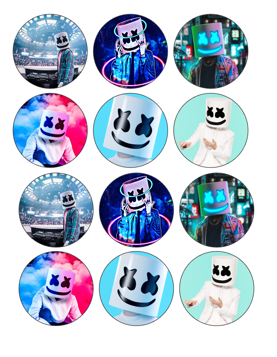 Set of 12 "Marshmello DJ" pre cut edible image discs for desserts, drink toppers, choose your size
