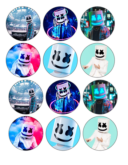 Set of 12 "Marshmello DJ" pre cut edible image discs for desserts, drink toppers, choose your size