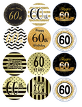 Set of 12 "gold and black 60th birthday" pre cut edible image discs for desserts, drink toppers, choose your size