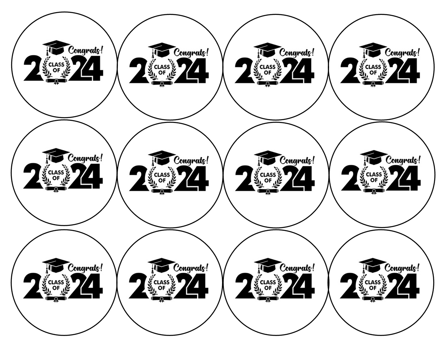 Set of 12 "2024 graduation" pre cut edible image discs for desserts, drink toppers, choose your size