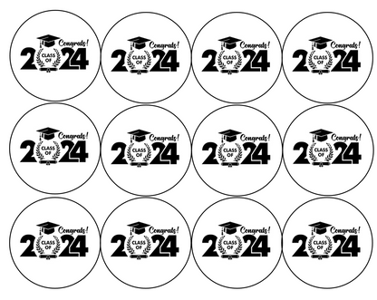 Set of 12 "2024 graduation" pre cut edible image discs for desserts, drink toppers, choose your size